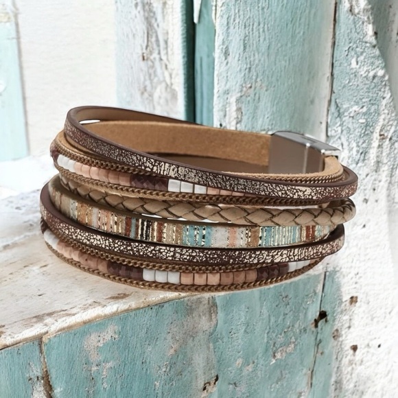 NWT Boho Multi-Layered Faux Leather Cuff Bracelet Size 7.68” - Picture 2 of 3